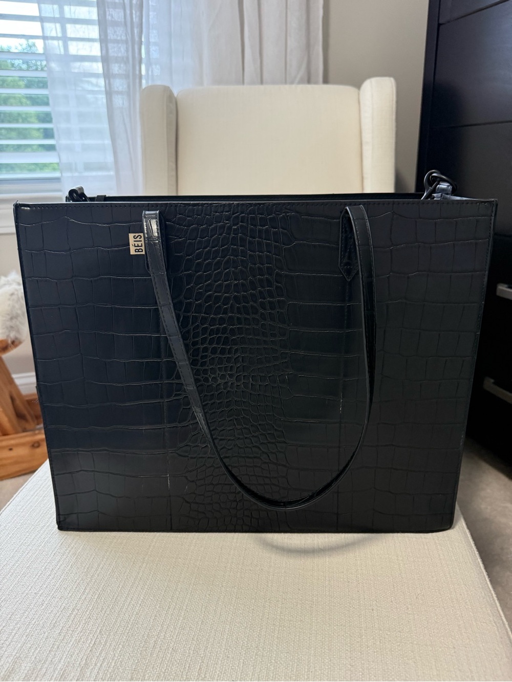 BEIS Black Croc-Embossed Structured Tote